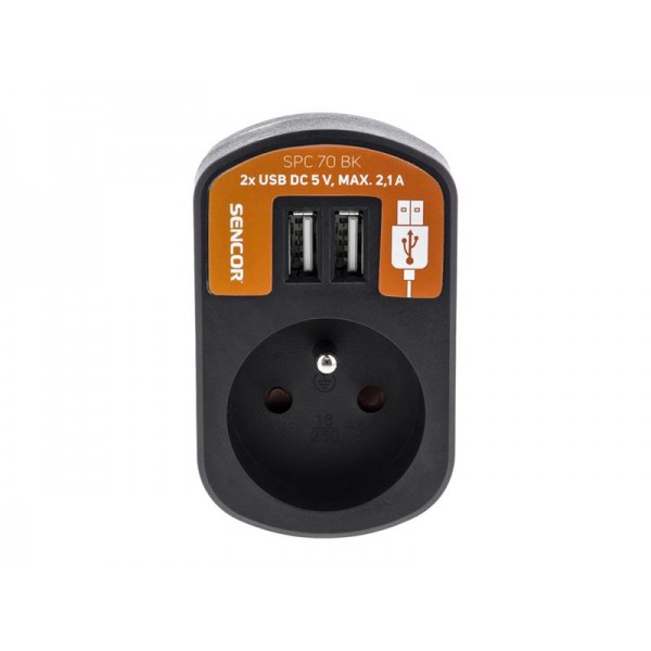 Predlžovací prívod 1 zásuvka, 2x USB, 5V/2100mA SENCOR SPC 70 BK